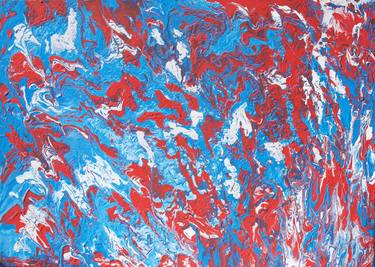 Abstract fluid art painting in red, blue and white thumb