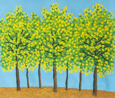 Yellow-green trees on blue sky thumb