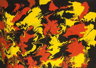 Abstract fluid art painting black, yellow and orange thumb