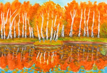 Autumn landscape with island with birches and forest thumb