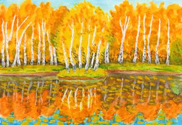Autumn landscape with island with birches and forest 2 thumb