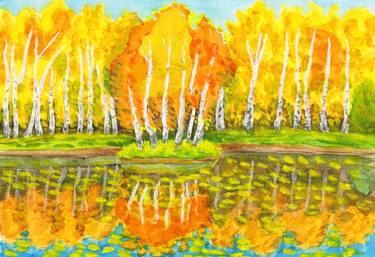 Autumn landscape with island with birches and forest 3 thumb