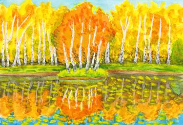 Autumn landscape with island with birches and forest 4 thumb