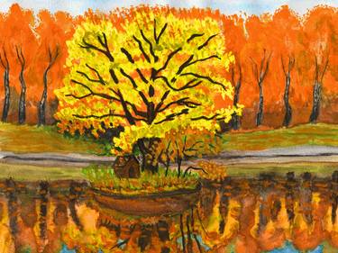 Autumn landscape with yellow tree and orange forest thumb