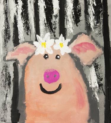 Funny pig with flowers thumb
