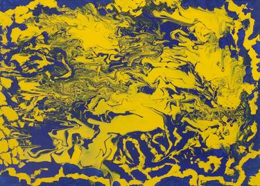 Abstract fluid art in dark blue and yellow thumb