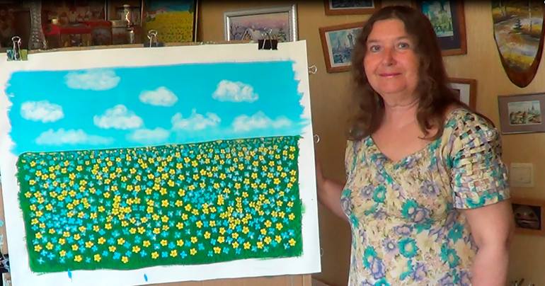 Spring meadow with blue and yellow flowers Painting by Irina Afonskaya ...