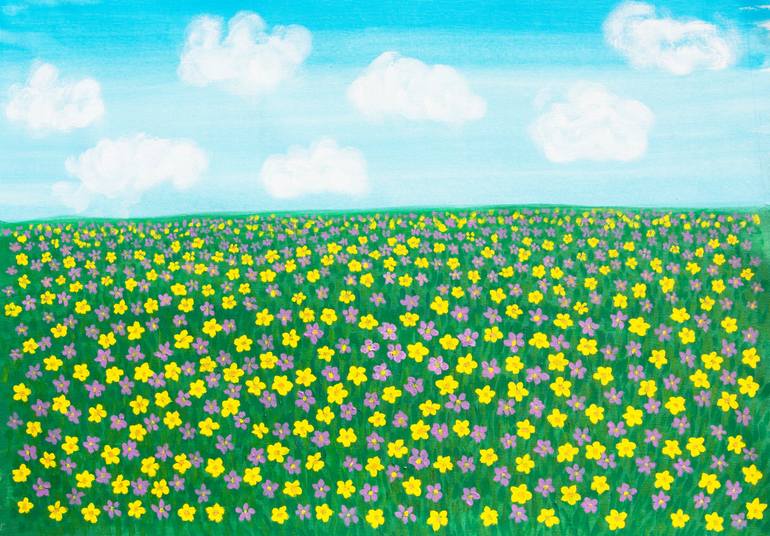 Original Floral Painting by Irina Afonskaya | Contemporary Art on Canvas | Spring meadow with purple and yellow flowers