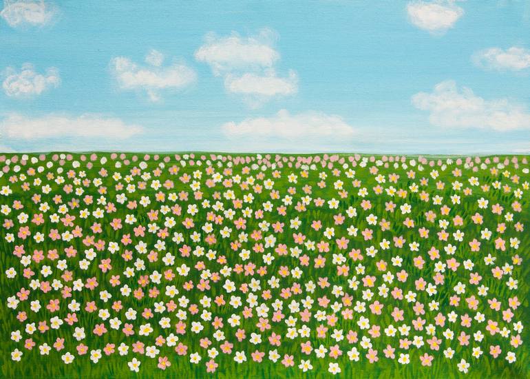 Original Floral Painting by Irina Afonskaya | Contemporary Art on Canvas | Spring meadow with white and pink flowers