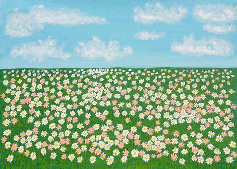 Original Floral Painting by Irina Afonskaya | Contemporary Art on Canvas | Spring meadow with white and pink daisies