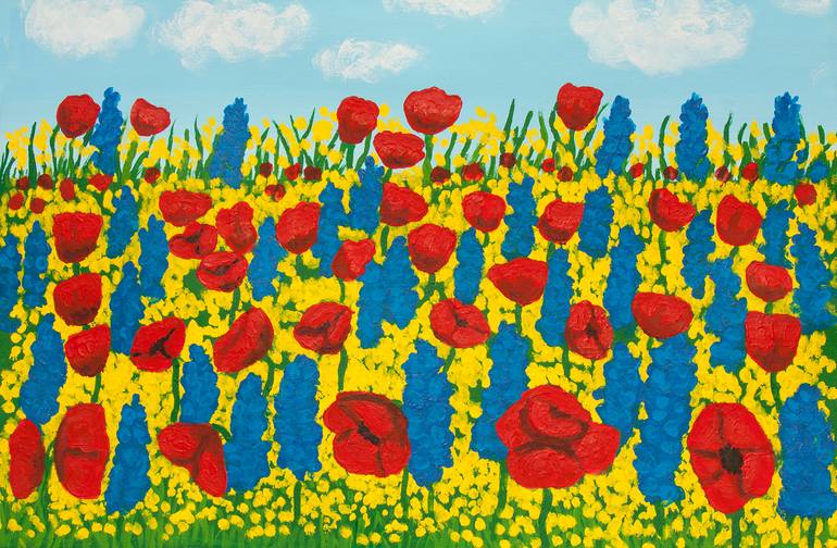 Original Floral Painting by Irina Afonskaya | Contemporary Art on Canvas | Meadow with red poppies, bluebonets and rapeseed