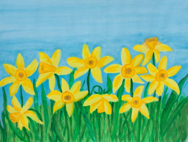 Original Floral Painting by Irina Afonskaya | Figurative Art on Paper | Yellow daffodiles on blue sky