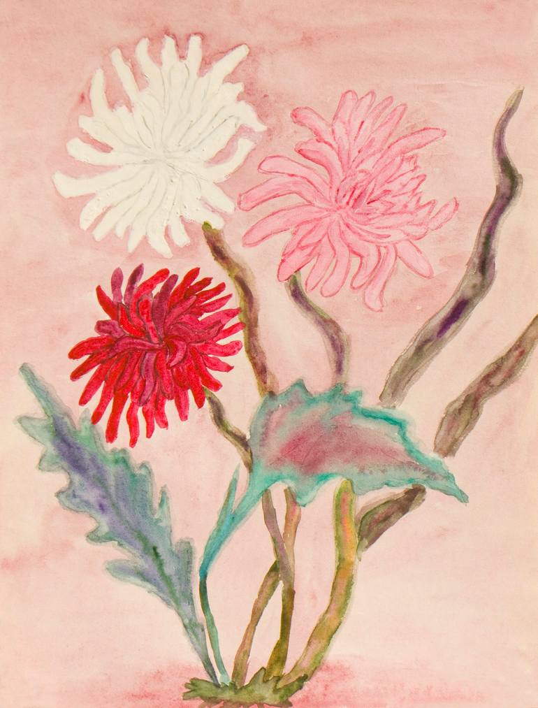Original Floral Painting by Irina Afonskaya | Minimalism Art on Paper | White, pink and crimson chrysanthemums