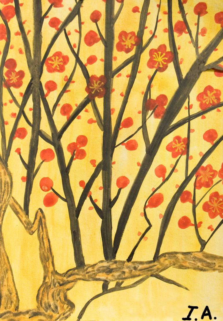 Original Floral Painting by Irina Afonskaya | Minimalism Art on Paper | Branches with red flowers on yellow background