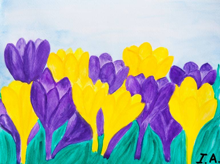 Original Floral Painting by Irina Afonskaya | Contemporary Art on Paper | Purple and yellow crocuses