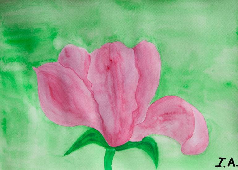 Original Floral Painting by Irina Afonskaya | Realism Art on Paper | Pink magnolia on green