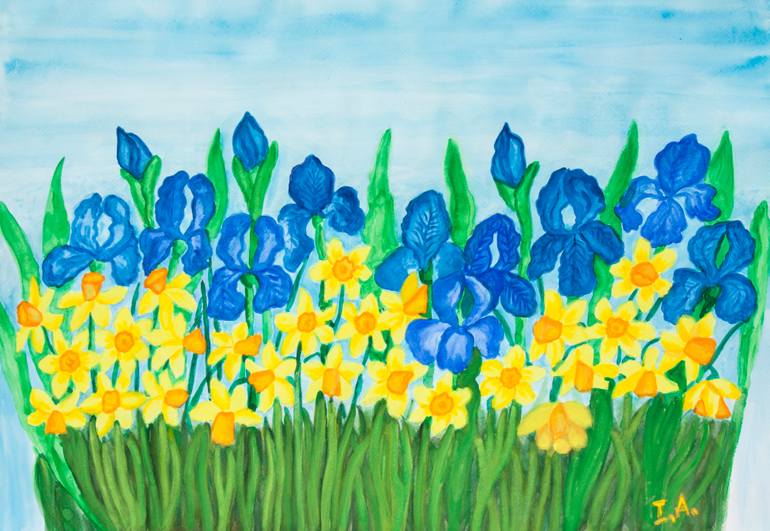 Blue irises and yellow narcissus Painting by Irina Afonskaya | Saatchi Art