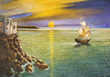 Sea landscape with sailing ship and castle on sunset thumb