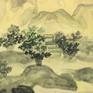 Landscape with mountains in grey colours in traditions of old traditional Chinese painting.