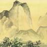 Landscape with mountains in grey colours in traditions of old traditional Chinese painting.