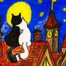 Two cats black and white on roof of old European town with tiled roofs with moon and stars.