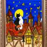 Two cats black and white on roof of old European town with tiled roofs with moon and stars.
