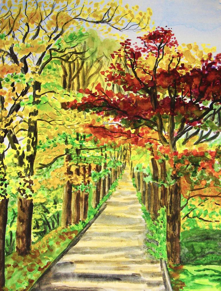 Original Landscape Painting by Irina Afonskaya | Contemporary Art on Paper | Autumn alley with yellow and red trees