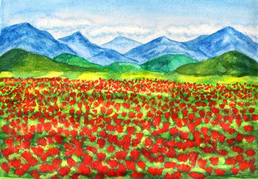 Meadow with red poppies and hills thumb