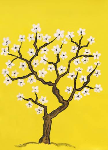 White tree in blossom on yellow thumb