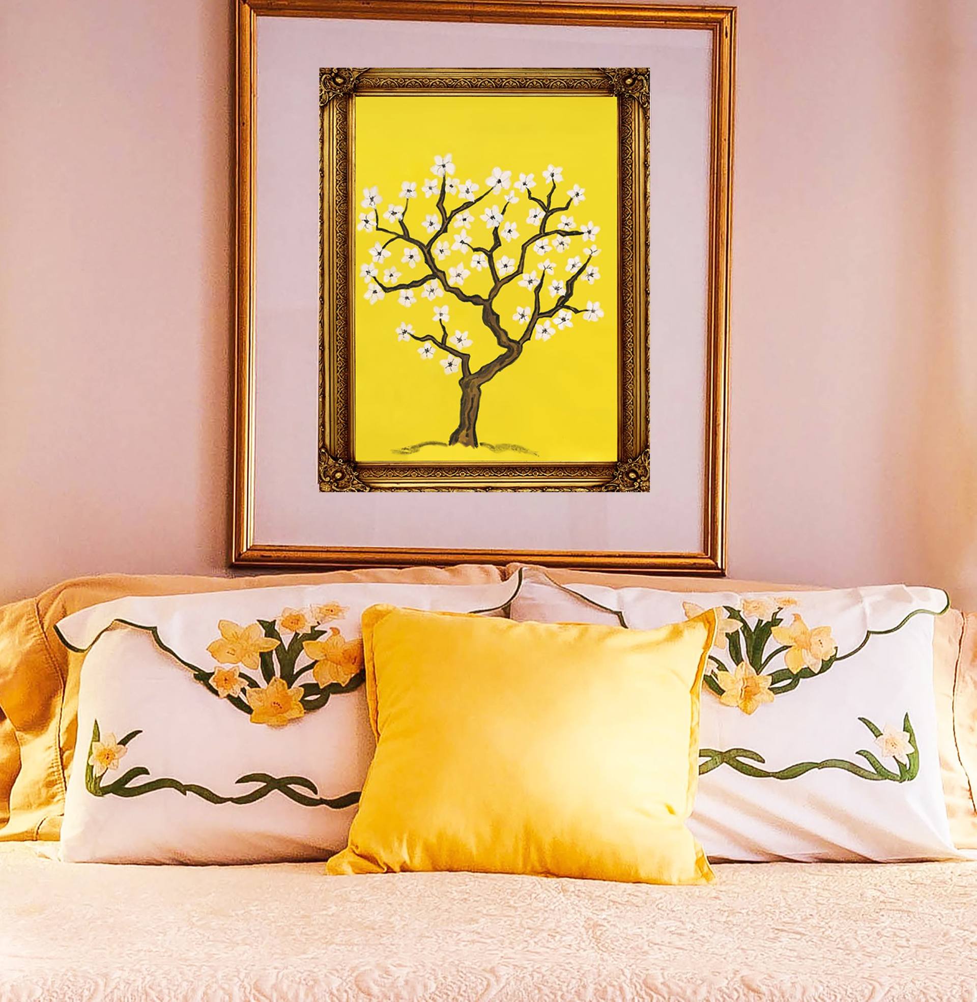 White tree in blossom on yellow Painting by Irina Afonskaya