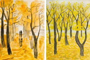 Two autumn watercolors: Couple on autumn alley and Autumn trees thumb