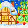 Angel with star, Christmas tree and house. Christmas illustration. Golden details (hair, wings and lines on clothes on angel, stars) painted with golden gouache - liminescent paint with shining, glossy effect.