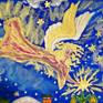 Angel with star, Christmas tree and house. Christmas illustration. Golden details (hair, wings and lines on clothes on angel, stars) painted with golden gouache - liminescent paint with shining, glossy effect.