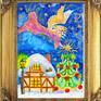 Angel with star, Christmas tree and house. Christmas illustration. Golden details (hair, wings and lines on clothes on angel, stars) painted with golden gouache - liminescent paint with shining, glossy effect.