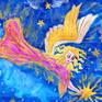Angel with star, Christmas tree and house. Christmas illustration. Golden details (hair, wings and lines on clothes on angel, stars) painted with golden gouache - liminescent paint with shining, glossy effect.