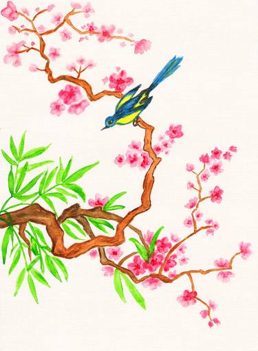 Bird on branch with pink flowers thumb