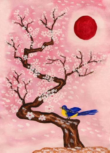 Bird on branch with white flowers on pink background, vertical thumb