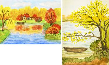 Two autumn landscapes: with house and with boat thumb