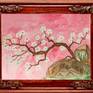 Spring landscape, tree in blossom with white flowers, influenced by traditions of old Chinese art.