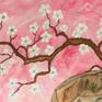 Spring landscape, tree in blossom with white flowers, influenced by traditions of old Chinese art.