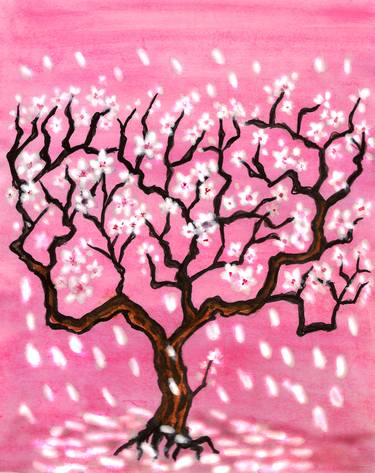 Tree with white flowers on pink background. thumb