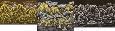 Landscapes with hills and houses in silver and gold thumb