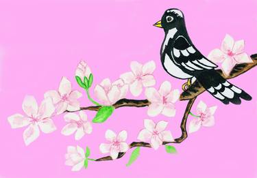 Bird on branch with white flowers on pink background. thumb