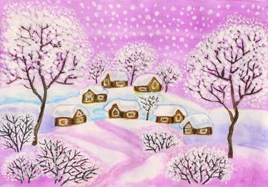 Winter landscape in purple colours, painting thumb