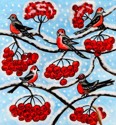 Bulfinches on ashberry tree thumb