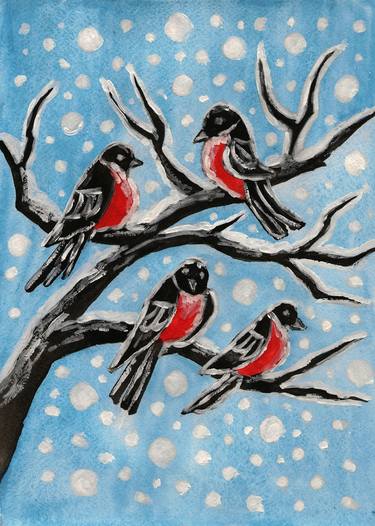 Bulfinches on branch, winter thumb