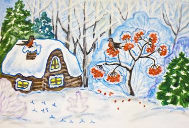 Winter landscape with house and ashberry tree thumb