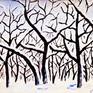Painting, gouache, forest in winter with branches in snow.