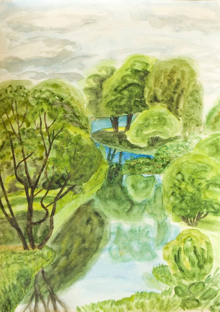 Summer landscape with river vertical Original Painting by irina afonskaya