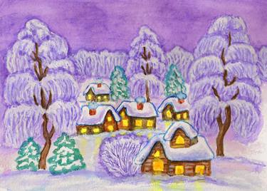 Winter landscape in purple colours, painting thumb